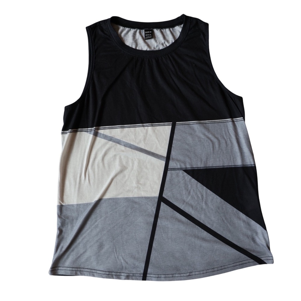SHEIN Women Black Grey White Geometric Colorblock Sleeveless Tank Top Large